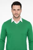 Erkek V Yaka Triko Kazak yumuşak dokulu Pamuklu ince Dokuma uzun kollu - Çimen Yeşili