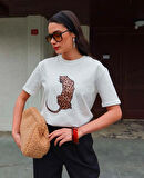 Leopar Hayvan Baskılı Oversıze Kadın T-SHIRT 