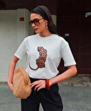 Leopar Hayvan Baskılı Oversıze Kadın T-SHIRT 