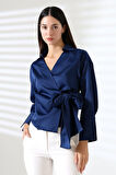 Saten Kruvaze Yaka Yandan Bağlamalı Gömlek Bluz