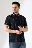Erkek Yakası Çıt Çıt ve Fermuar Detaylı, Desenli Polo Yaka T-shirt