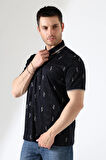 Erkek Yakası Çıt Çıt ve Fermuar Detaylı, Desenli Polo Yaka T-shirt