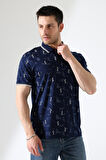 Erkek Yakası Çıt Çıt ve Fermuar Detaylı, Desenli Polo Yaka T-shirt