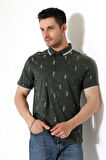 Erkek Yakası Çıt Çıt ve Fermuar Detaylı, Desenli Polo Yaka T-shirt