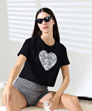 Kadın Kalp Dantel Detaylı Taşlı Crop T-shirt