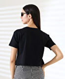 Kadın Kalp Dantel Detaylı Taşlı Crop T-shirt