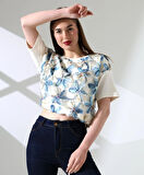 Çiçek Tül Detaylı Nakışlı Bluz T-shirt
