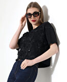 Çiçek Tül Detaylı Nakışlı Bluz T-shirt