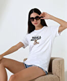 Kadın Ön Ve arka Ayıcık baskılı Bisiklet Yaka t-shirt