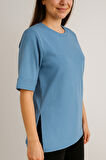 Kadın Oversize kalıp Bürümcük Kumaş Duble Kol Yandan Yırtmaçlı T-shirt Bluz - T954