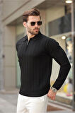 Erkek Slim Fit Polo Yaka Fermuarlı Fitilli Triko Kazak - 4001