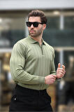 Erkek Slim Fit Polo Yaka Fermuarlı Fitilli Triko Kazak - 4001