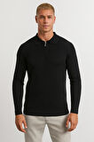 Erkek Tam Kalıp Düz Renk Polo Yaka Fermuarlı Uzun Kollu Triko Kazak - LP903