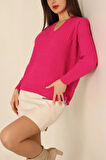 Kadın V Yaka Oversize Basic Kare Desenli Fitilli  Triko Kazak - 6542