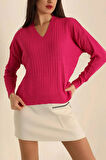 Kadın V Yaka Oversize Basic Kare Desenli Fitilli  Triko Kazak - 6542