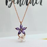 MANOLYA ÇİÇEĞİ SEDEFLİ AMETİST TAŞLI YILDIZ ROSE GÜMÜŞ KOLYE