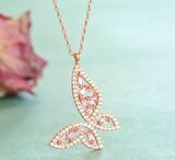 PEMBE BAGET TAŞLI ROSE RENK SU KELEBEĞİ GÜMÜŞ KOLYE
