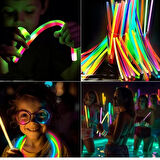 Glow 100 adet (100çubuk+100bağlantı aparat)Fosforlu Neon Karanlıkta Parlayan Çubuklar Bileklik Kolye Yapma seti