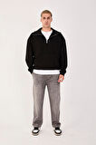 %100 Pamuk Erkek Oversize Yarım Fermuarlı Sweatshirt - Rahat Kalıp Kanguru Cep 