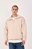 %100 Pamuk Erkek Oversize Yarım Fermuarlı Sweatshirt - Rahat Kalıp Kanguru Cep 