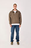 %100 Pamuk Erkek Oversize Yarım Fermuarlı Sweatshirt - Rahat Kalıp Kanguru Cep 