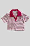 8-14 Yaş Polo Yaka Çizgili Crop Fuşya 