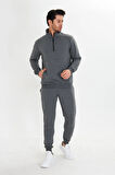 Yarım Fermuarlı Pamuklu Erkek Eşofman Takımı Siyah 5709-S