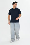 Erkek Pamuklu Bisiklet Yaka Oversize Tişört Mavi 5015-M