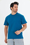 Erkek Pamuklu Bisiklet Yaka Oversize Tişört Mavi 5015-M