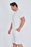 Erkek Yakalı Çizgili Polycotton T-shirt Şort İkili Takım Bej 5733-B