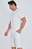 Erkek Yakalı Çizgili Polycotton T-shirt Şort İkili Takım Bej 5733-B
