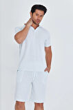 Erkek Yakalı Çizgili Polycotton T-shirt Şort İkili Takım Bej 5733-B