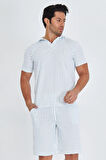 Erkek Yakalı Çizgili Polycotton T-shirt Şort İkili Takım Bej 5733-B