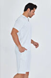 Erkek Yakalı Çizgili Polycotton T-shirt Şort İkili Takım Bej 5733-B