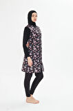 Tam Kapalı Yelekli Desenli Paraşüt Kumaş Tesettür Mayo Lacivert 3474-L
