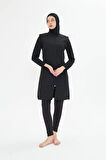 Tam Kapalı Yelekli Paraşüt Kumaş Tesettür Mayo Siyah 3476-S