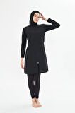 Tam Kapalı Yelekli Paraşüt Kumaş Tesettür Mayo Siyah 3476-S