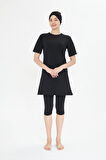 Büyük Beden Kısa Kollu Likralı Yarı Kapalı Tesettür Mayo Siyah 3484B-S
