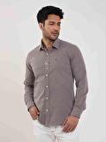 Dufy Kahverengi Erkek Slim Fit Puantiyeli Brent Yaka Uzun Kol Gömlek - 101854