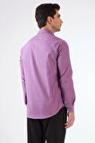 Koyu Lila Erkek Slim Fit Düz Brent Düğmeli Yaka Uzun Kol Gömlek 