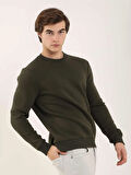 Dufy Haki Erkek Oversize Düz Pamuklu Bisiklet Yaka Sweatshirt - 103682