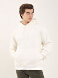 Dufy Ekru Erkek Oversize Düz Pamuklu Kapüşonlu Sweatshirt - 103712