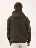 Dufy Haki Erkek Oversize Düz Pamuklu Kapüşonlu Sweatshirt - 103717