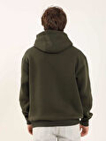 Dufy Haki Erkek Oversize Düz Pamuklu Kapüşonlu Sweatshirt - 103717
