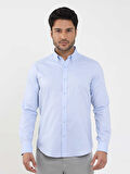 Dufy Mavi Erkek Slim Fit Düz Brent Düğmeli Yaka Uzun Kol Gömlek - 104329