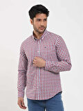 Dufy Kırmızı Erkek Slim Fit Puantiyeli Brent Düğmeli Yaka Uzun Kol Gömlek - 104344