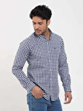 Dufy Lacivert Erkek Slim Fit Puantiyeli Brent Düğmeli Yaka Uzun Kol Gömlek - 104349