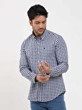 Dufy Lacivert Erkek Slim Fit Puantiyeli Brent Düğmeli Yaka Uzun Kol Gömlek - 104349