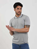 Dufy Gri Erkek Slim Fit Fitilli Fermuarlı Polo Yaka Kazak - 104621