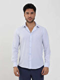 Dufy Mavi Erkek Slim Fit Çizgili Düğmeli Yaka Uzun Kol Gömlek - 104860